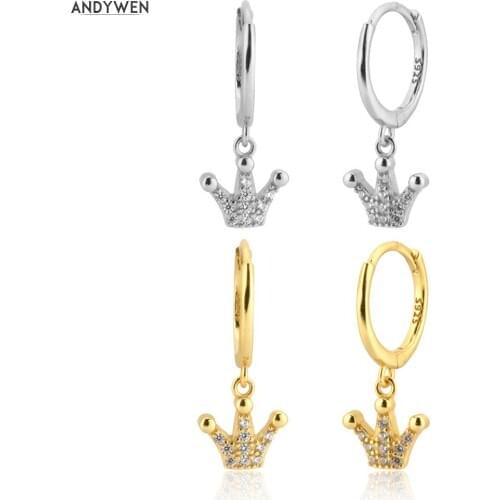 ANDYWEN 200 New 925 Sterling Silver Gold Queen Circle Pendiente Piercing Rock Punk Clips Fashion Fine Jewelry Crystal Wedding