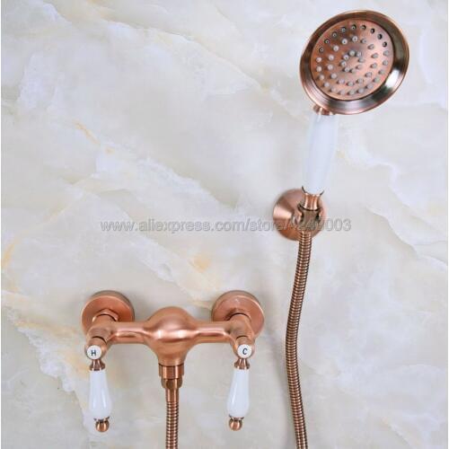 Antique Red Copper Bathroom Shower Faucet Bath Faucet Mixer Tap With Hand Held Shower Head Set Wall Mounted Kna298