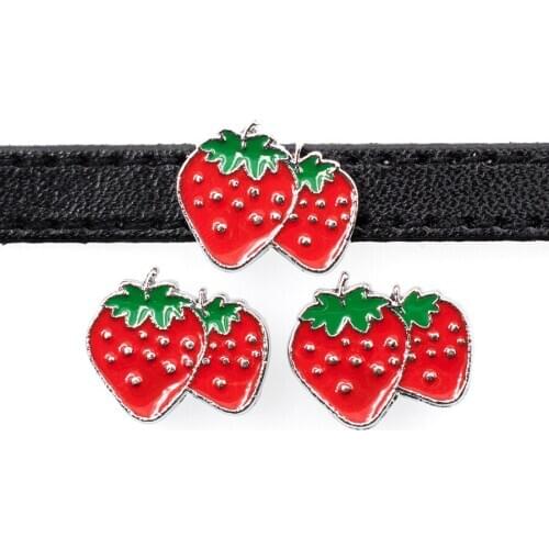 Red Double Strawberry 8mm Slide Charms Beads Enamel Alloy DIY Accessories Handmade Jewelry For Bracelets Key Chains Pet Collar