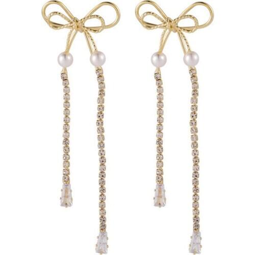 Long Tassel Bowknot Earrings Sweet Bow Tie Drop Earrings Gold Color Acrylic Pearls Dangler Earrings for Women сережки необычные