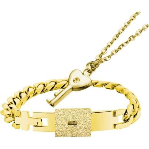 FYJS Unique Light Yellow Gold Color Stainless Steel Heart Key Pendant Necklace Bracelet Fashion Jewelry Sets