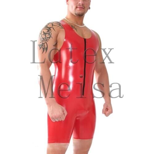 Red latex fetish mens leotard sleeveless catsuit with front zip for men