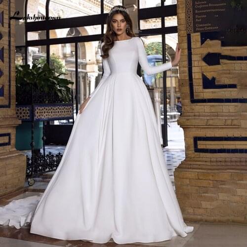 Laksgmigown Simple A-line Wedding Dress with Long Sleeve Satin Wedding Gowns 2021 Elegant Muslim Bride Dress Abito Da Sposa