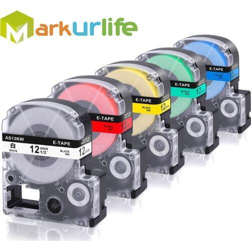 5PCS 12mm*8m label tapes SS12KW SC12YW SC12RW SC12GW SC12BW for Epson LabelWorks Cartridges & Ribbons Multi-Color label maker