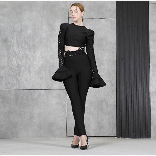 Ailigou Summer Womens Bandage Set 2-piece Long Sleeve Tights and Long Pencil Pants Sexy Hollow Celebrity Party Sheath Vestidos