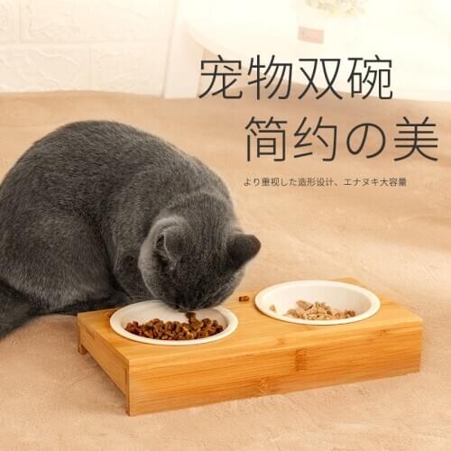 Pet Bowl Pet Double Bowl Bamboo Rack Pet Ceramic Bowl Cat Drinking Cat Health Dog Ceramic Bowl Cat Bowl Double Bowl