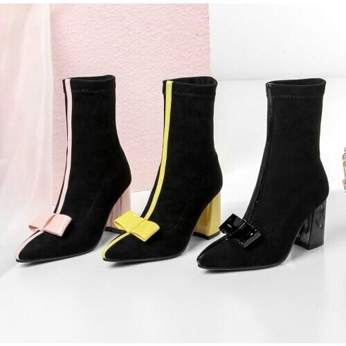 Winter Frosted Fabric Women Boots Bow Knot Decorated High Heels Ankle Boots Ladies Thick Heel Stretch Pointed Sweet Boots Autumn