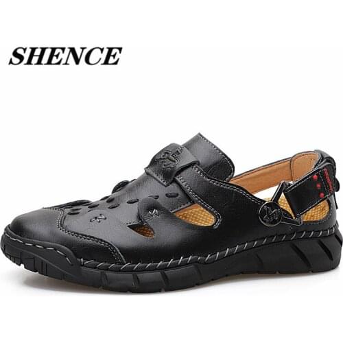 SHENCE Men Sandals Genuine Leather Breath Comfort Male Summer Sports Hiking Beach Shoes Man Casual Shoes Plus Size 6-13.5 In