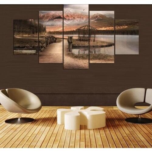 5 Panels Printed Wall Art Pictures Poster Living Room Home Decor Mountain Lake Bridge Modern Canvas Paintings No Framed