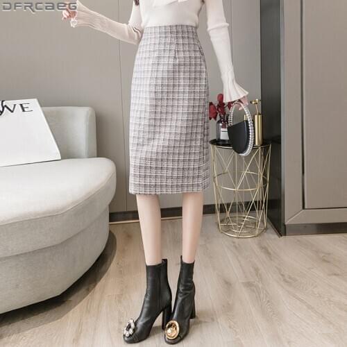 Autumn Winter Woolen Tweed Skirt Kawaii Purple Grey Midi Womens Skirts Slim High Waist Pencil Plaid Skirt Split Bodycon Faldas