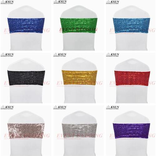 100pcs Lot Sequin Chair Band Tie Bow Lycra Spandex Chair Cover Sash Wedding Event Decoration