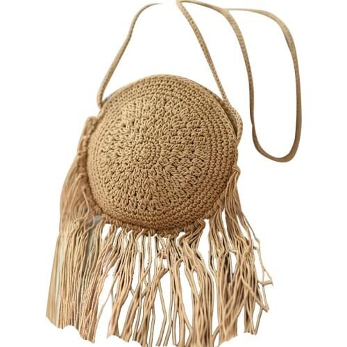 Hand woven bag straw braided fringed womens bag cotton thread beach Mini diagonal cross round bag