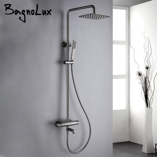 Bagnolux Gray Brass Thermostatic Three Functions Bathtub Diverter Mixer Tap Multifunction Hand Held Shower Head Bathroom Faucet
