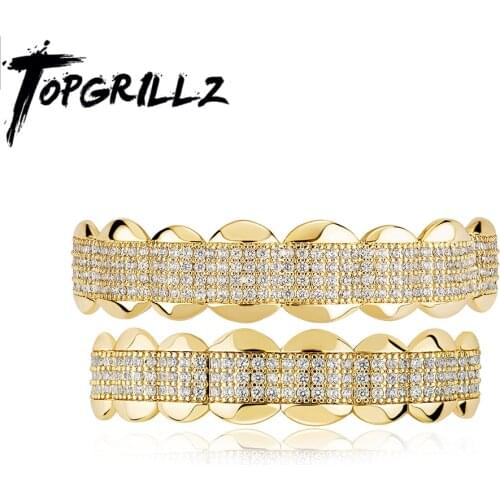 TOPGRILLZ 18k White Gold Hip Hop Iced Out CZ Grillz Top & Bottom Grill Set Jewelry Mens Vampire Grills Fashion Jewelry For Gift