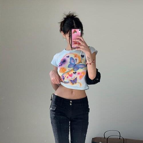 Crop Top Self Cultivation Crew Neck Exposed Navel Fashion Butterfly Printing Short Sleeve T-shirt