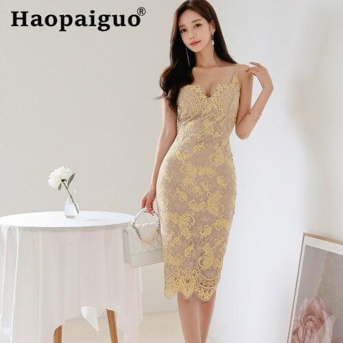 Large Size Yellow Lace Dress Women Spaghetti Strap Bodycon Sexy Dress Women Split Evening Party Dress Summer 2019 Vestidos Ropa