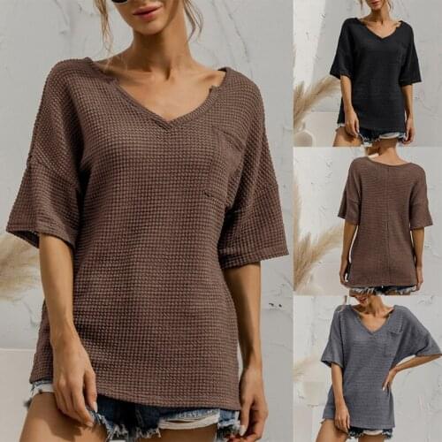 Womens V Neck T Shirts Short Sleeve Tops Casual Loose Fit Tees Tunic Pocket Shirts Blouse