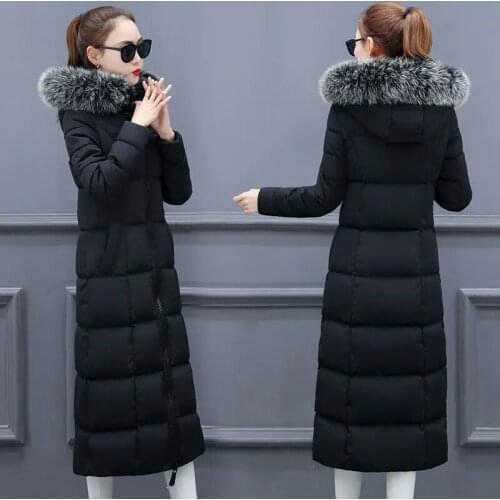 2021 Womens Parkas Winter Clothing X-Long Warm Coat Fur Collar Hooded Padded Parkas Slim Overcoat Loose Oversize 4xl Cotton Coat