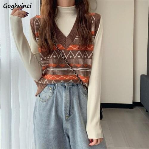 Sweater Vests Womens New Fashion Autumn Korean Preppy Style Striped Printed Harajuku All-match V-Neck Knitted Soft Vintage Tops
