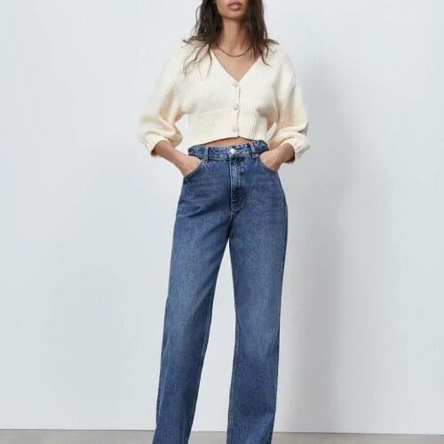 2021 Women Fashion White Cropped Cardigan Knitted Sweater Vintage Pearl Buttons V Neck Long Sleeve Female Casual Elegant Tops