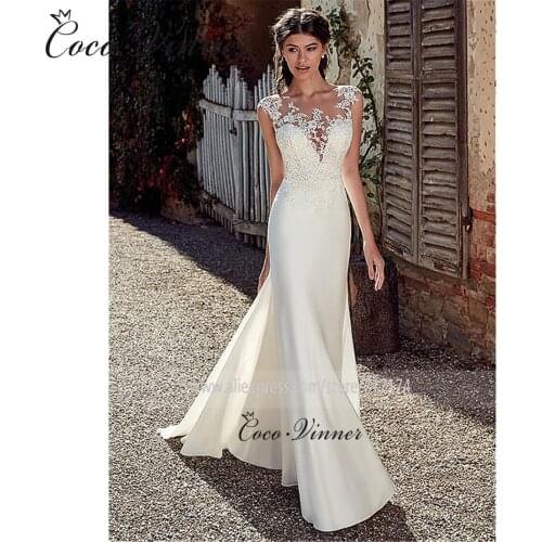 Illusion Embroidered Lace on Net Sexy V-neck Elegant Mermaid Wedding Dresses Button Soft Satin Vestido De Novia Pure White W0517