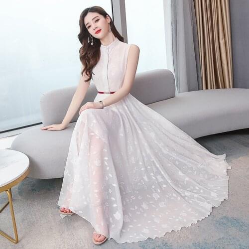 2021 Vintage Elegant Womens Party 4XL Chiffon Lace Plus Size Sleeveless White Black Red Female Long Summer Vestidos Dress Robe
