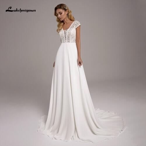 Simple Chiffon Boho A Line Wedding Dress 2021 Robe Mariee V Neck Long Beach Lace Bridal Gown with Open Back vestido de novia