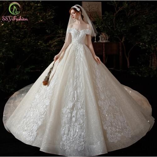 SSYFashion New Bride Elegant Wedding Dresses Boat Neck A-line Court Train Lace Appliques Shining Wedding Gown Vestidos De Novia
