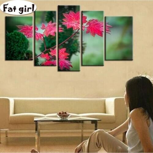 Full drill diamond painting Red maple leaf on green background DIY cross stitch mosaic Rhinestone square round modern home kits