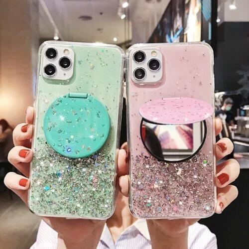 Glitter Silicone Case For Vivo X21 Y85 Y93 Mobile Phone Bag For Vivo V19 V17 Cover Round Stand Preservation Mirror Back Shell