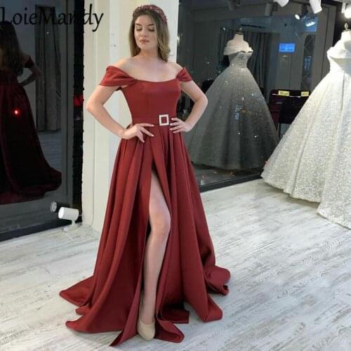 Burgundy Satin Long Prom Dresses 2021 Sexy Off Shoulder Split Dress Woman Party Night Plus Size Vestidos largos de fiesta