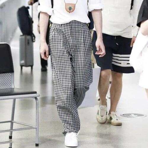 Mens Loose Casual Full Length Black White Plaids Checks Pants Chic Trousers Customize Size