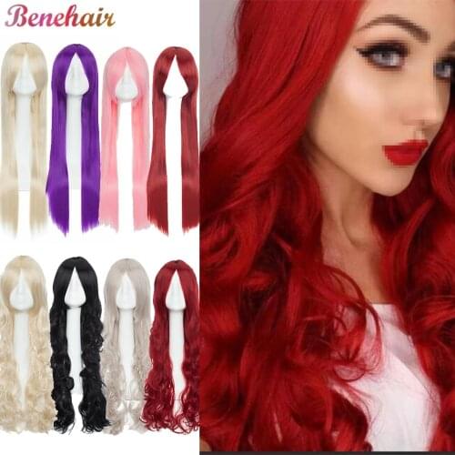 Benehair 80cm Long Cosplay Wigs With Bangs Black Red Pink Purple Gray Blonde Synthetic Heat Resistant Hair Wigs For Women