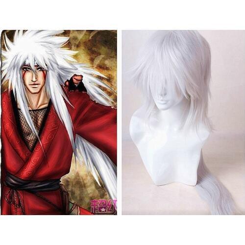 Naruto Jiraiya Long White Ponytail Heat Resistant Sythentic Hair Cosplay Costume Wig + Cap
