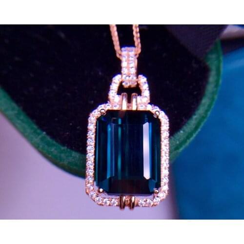 E422 Fine Jewelry Solid 18K Gold 100% Natural 10.5ct Blue Tourmaline Diamonds Gemstone Diamond Womens Pendants Necklaces