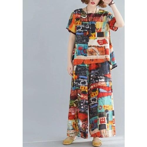 Cotton Plus Size Vintage Summer Casual 2 Two Piece Set Loose Tee T Shirt Women O-Neck Clothes 2021 Tops Wide Leg Pants