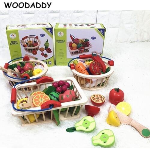 WOODADDY Baby Toys Strawberry Simulation Fruit Vegetable Cut Set Wooden Toys For Kids Children Kitchen Food Educational Gift