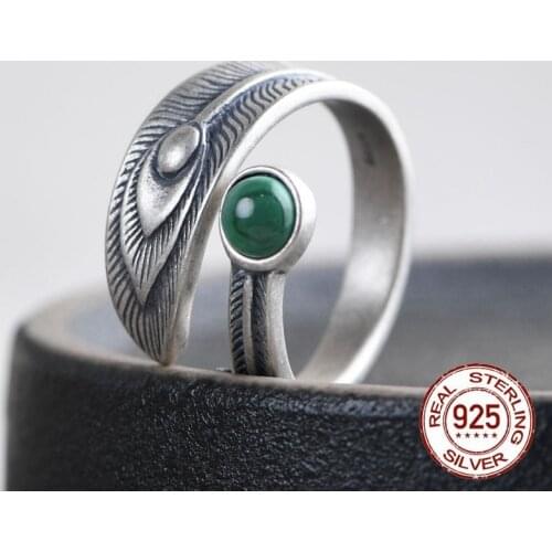 Real 100% 925 Sterling Silver Retro Malachite Feather Open Stacking Rings for Women Men Couple Punk&Elegant Fashion Jewelry