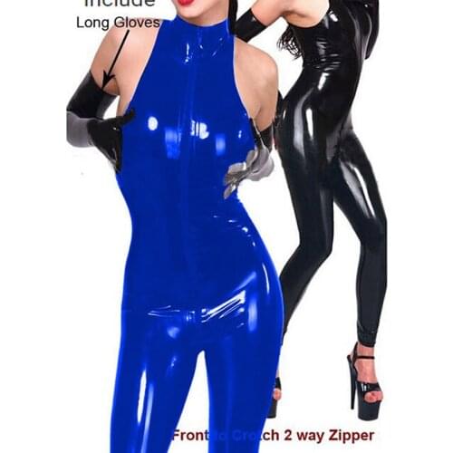 Front Zipper Bodycon Jumpsuit Women Sleeveless Leather Jumpsuit Sexy Cosplay Costume With Gloves Club Dancing Rompers plus size