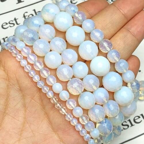 Natural Faceted White Opal Stone Loose Spacer Round Beads For Jewelry Making 4-12 MM DIY Bracelets Accessories Free Shipping
