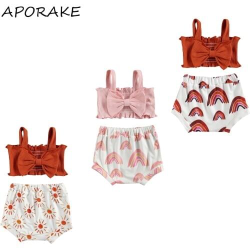 2021 0-24M Summer Cute Baby Girl Clothing Bow Knitted Solid Tube Top+Rainbow/Sun Print High Waist Shorts 2pcs Set Outfits