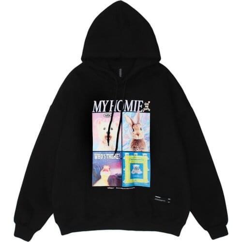 Men Harajuku Fleece Hoodie Rabbit Dog Print Couple Sweatshirt Unisex Loose Outwear Coats Autumn Oversize Cotton Pullover Hoodies