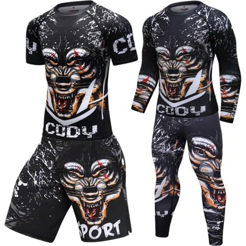 Mens Sport Suits Quick Dry MMA BJJ Boxing Sportswear Running Compression Shirt Pants Shorts Set Training Gym Fitness Tracksuits