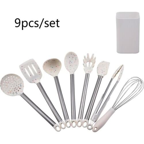 8pcs/Set Kitchenware Set Tube Handle Household Silicone Cooking Tool Set Spoon Spatula Clip Egg Beater with Storage Bucket