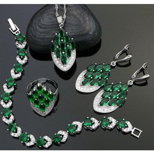 Silver 925 Jewelry Sets For Women Wedding Decoration Natural Green CZ White Crystal Earrings/Ring/Bracelet/Necklace/Pendant Set