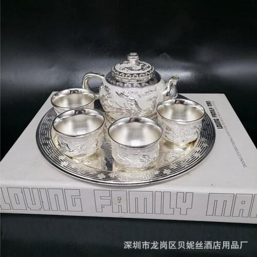 Silver plated teacup, teapot, wine set, 1 tray, 1 pot, 4 cups Chinese style tea set