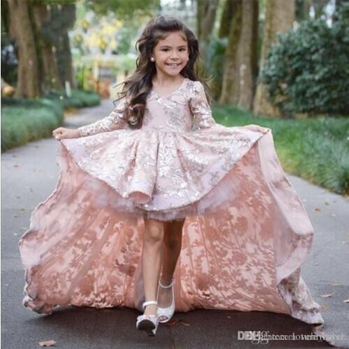 Pink High Low Long Sleeve Girls Pageant Gowns Lace Applique Ruffles Sweep Train Children Prom Party Dresses First Communion Dres