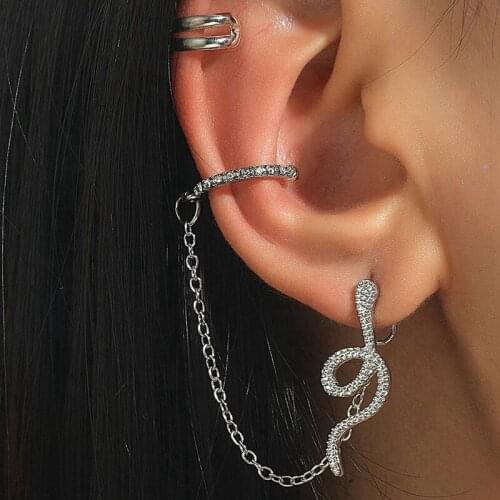 1set 11.5cm Retro Zircon Snake Chain Ear Clip Diamond Animal Earrings Fashion Brass Snakes Long Chain Stud Earrings For Women