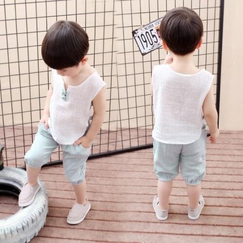 Cute Chinese Style Newborn Baby Boy girl Set Clothes Summer Cotton Linen Sleeveless Tops Vest and Shorts Infant Boy 2 Piece Sets