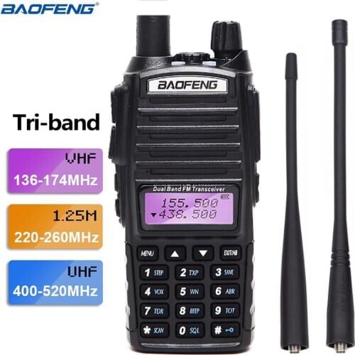 BaoFeng UV-82T Tri-Band 136-174/220-260/400-520Mhz WalkieTalkie Handheld Portable Amateur Ham Radio with Dual PTT 220MHz Antenna